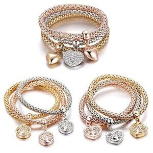 3PC  Heart Tree Crystal Charms Multilayer Bracelets - Gold/Silver/Rose Gold Corn